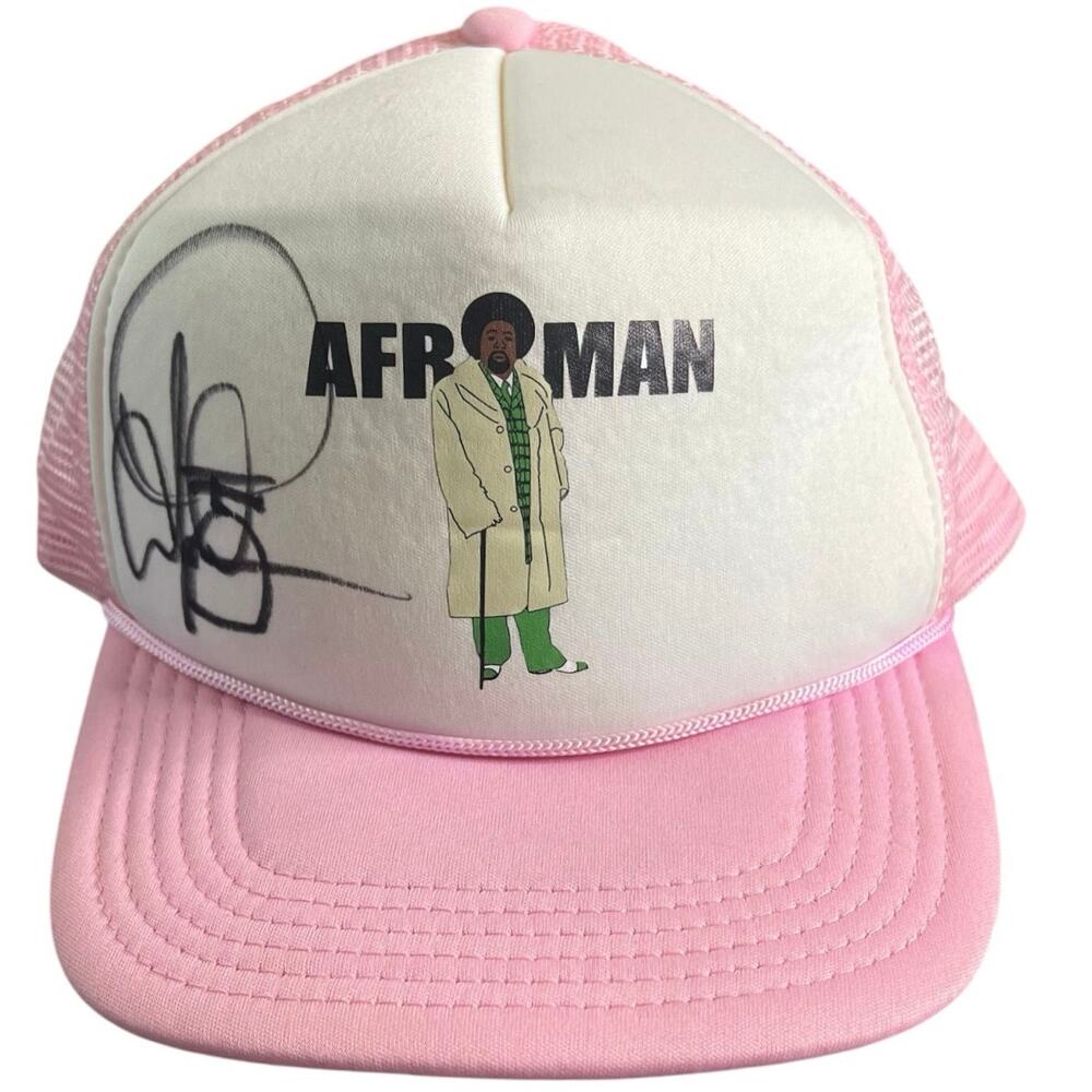 Afroman Cartoon Image Autographed Snapback Pink & White Trucker Hat RARE VHTF